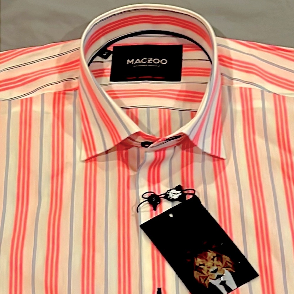 Maceoo, large fluorescent pink striped with blue short sleeve shirt.  No tags